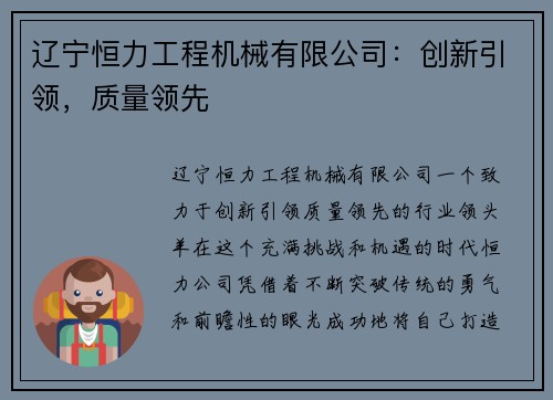 辽宁恒力工程机械有限公司：创新引领，质量领先